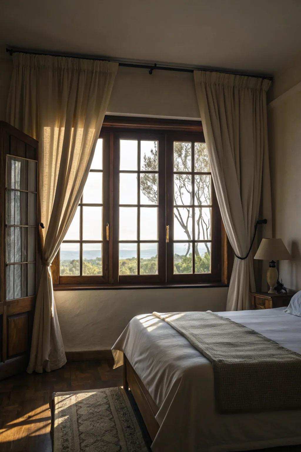 Darkening coverings ensure privacy and darkness for a restful sleep.