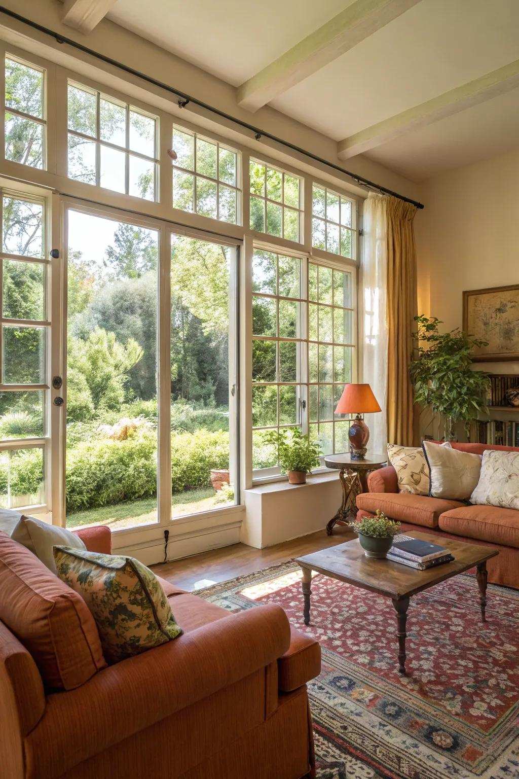 Daylight enhances the appeal of this European-inspired living space.