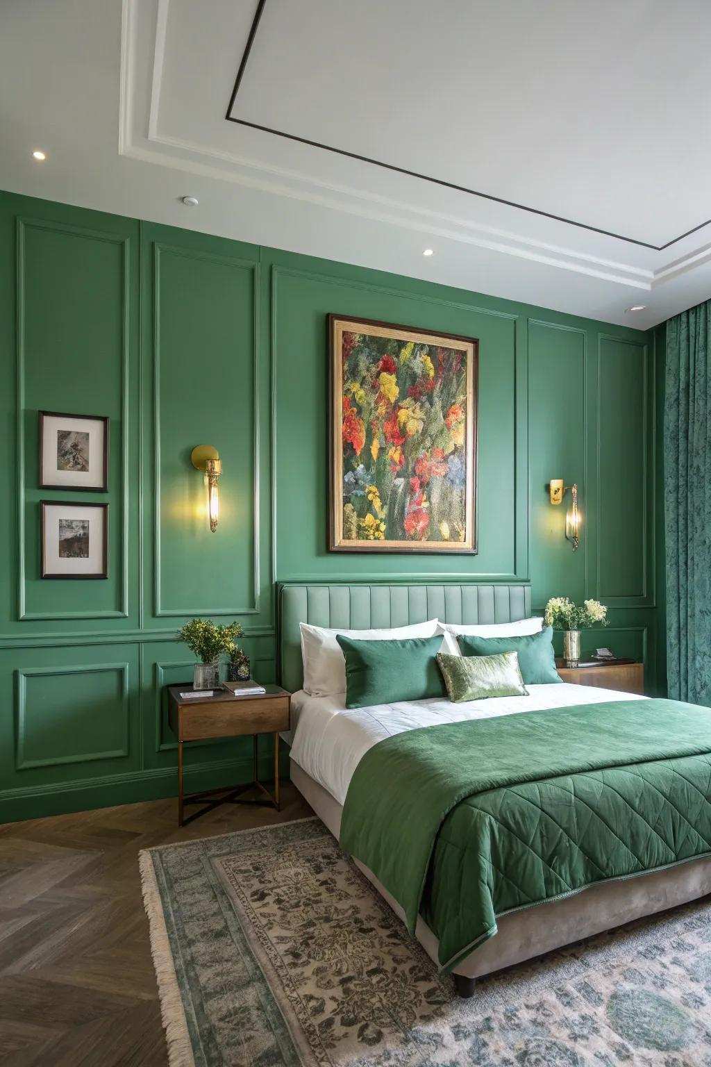 Decorative accents add personality to a verdant bedroom.