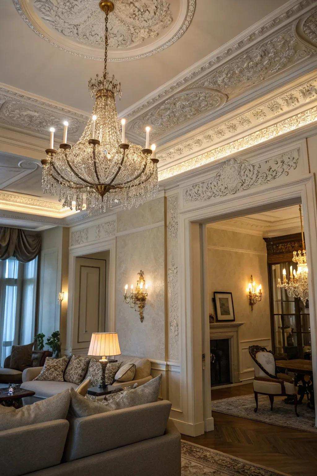 Decorative aspects contribute elegance to this living space with European influences.