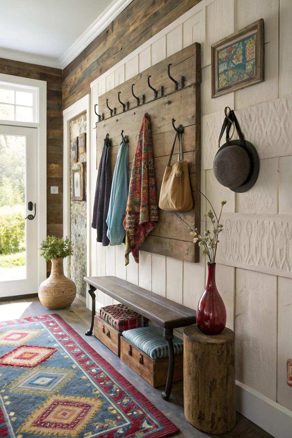 Decorative fasteners adding charm and organization to the entryway.