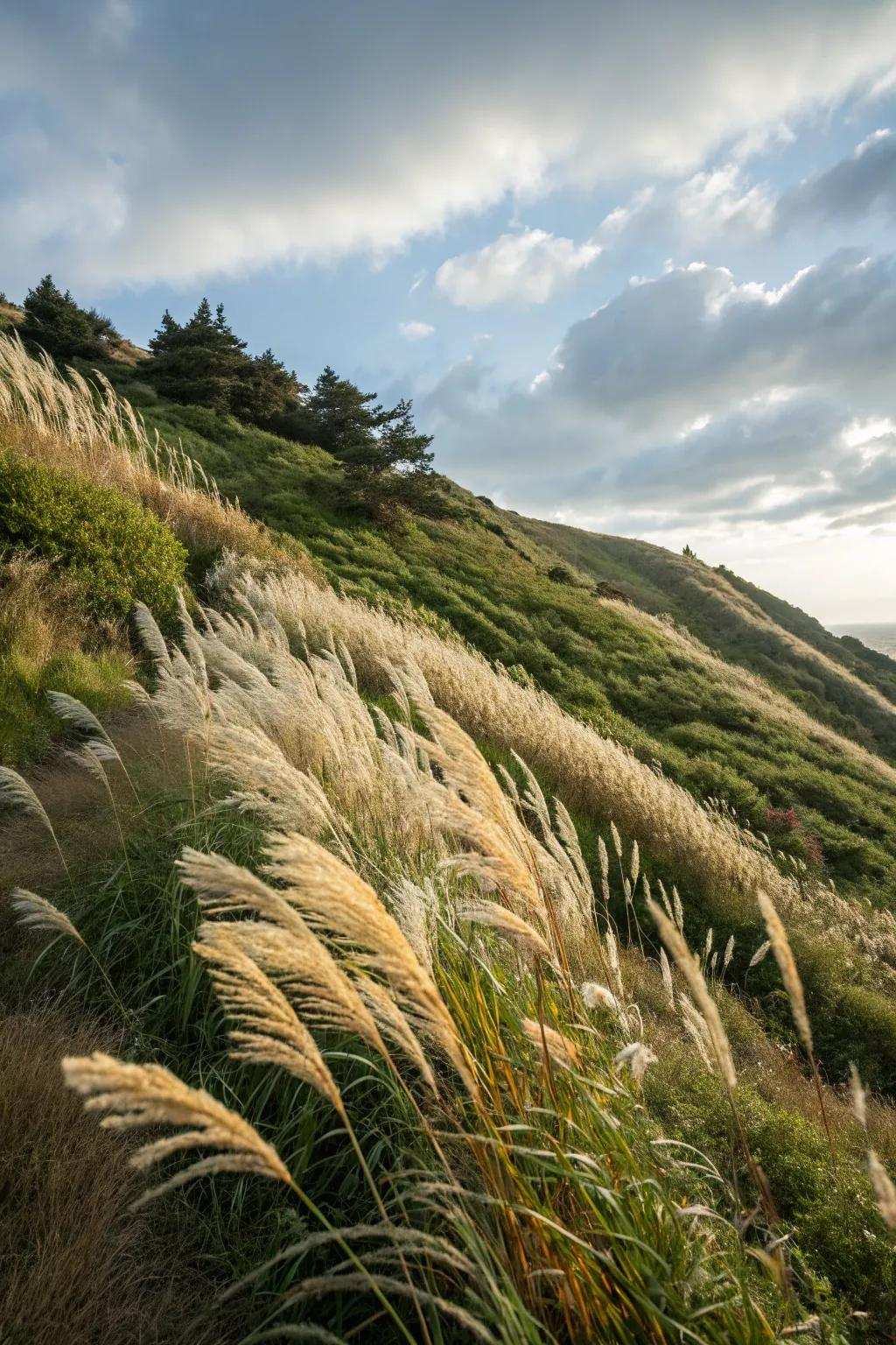 Decorative grasses insert motion and texture into slopes.