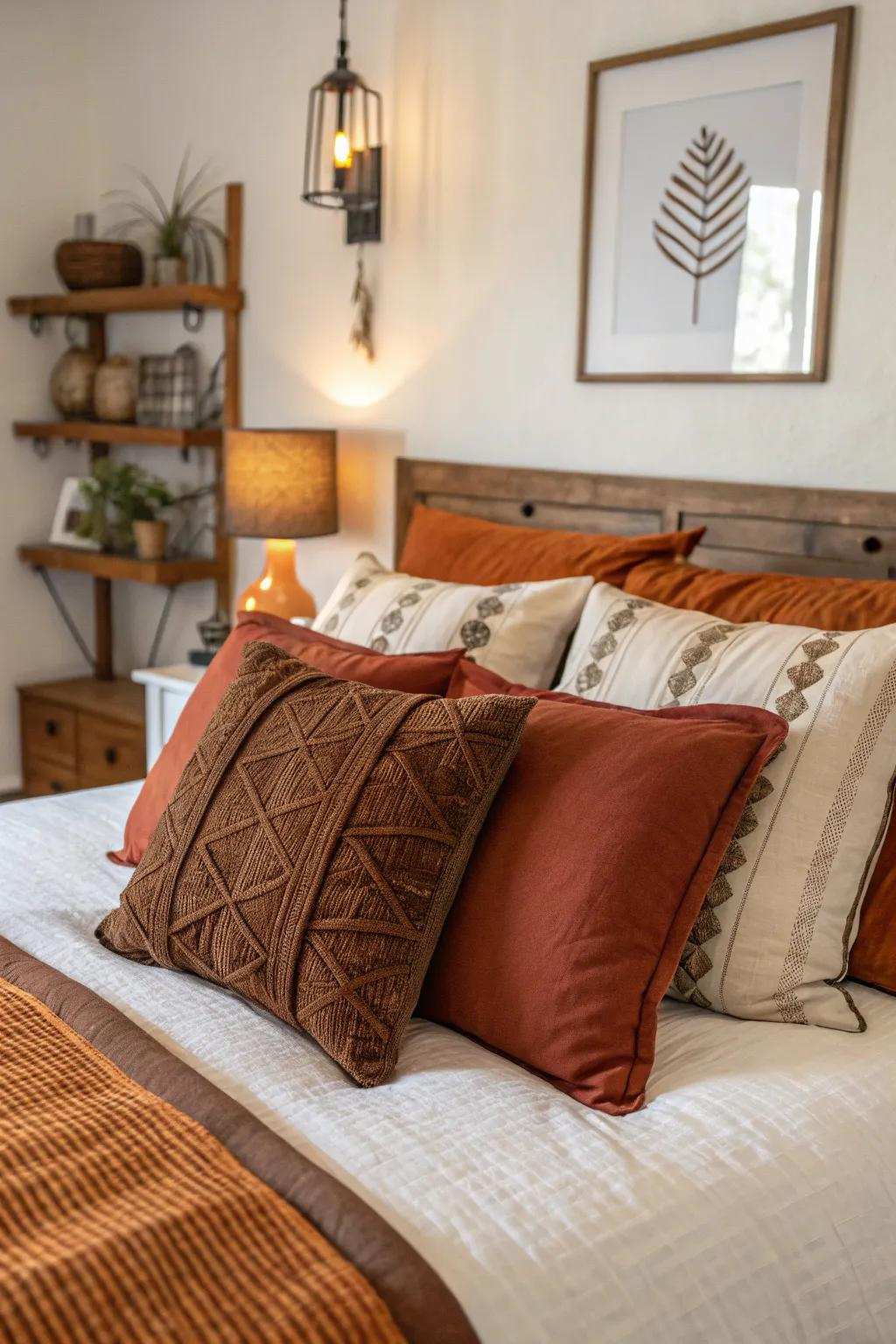 Decorative pillows in reddish-brown and chocolate enhance texture and color.