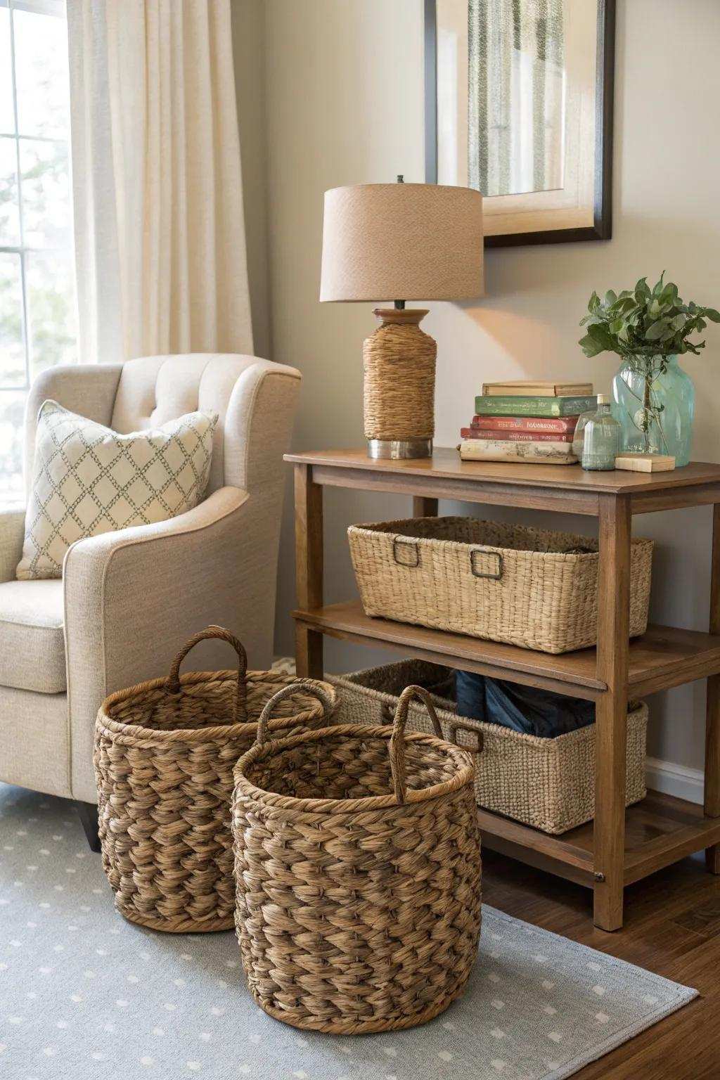 Decorative vessels provide sophisticated storage solutions.
