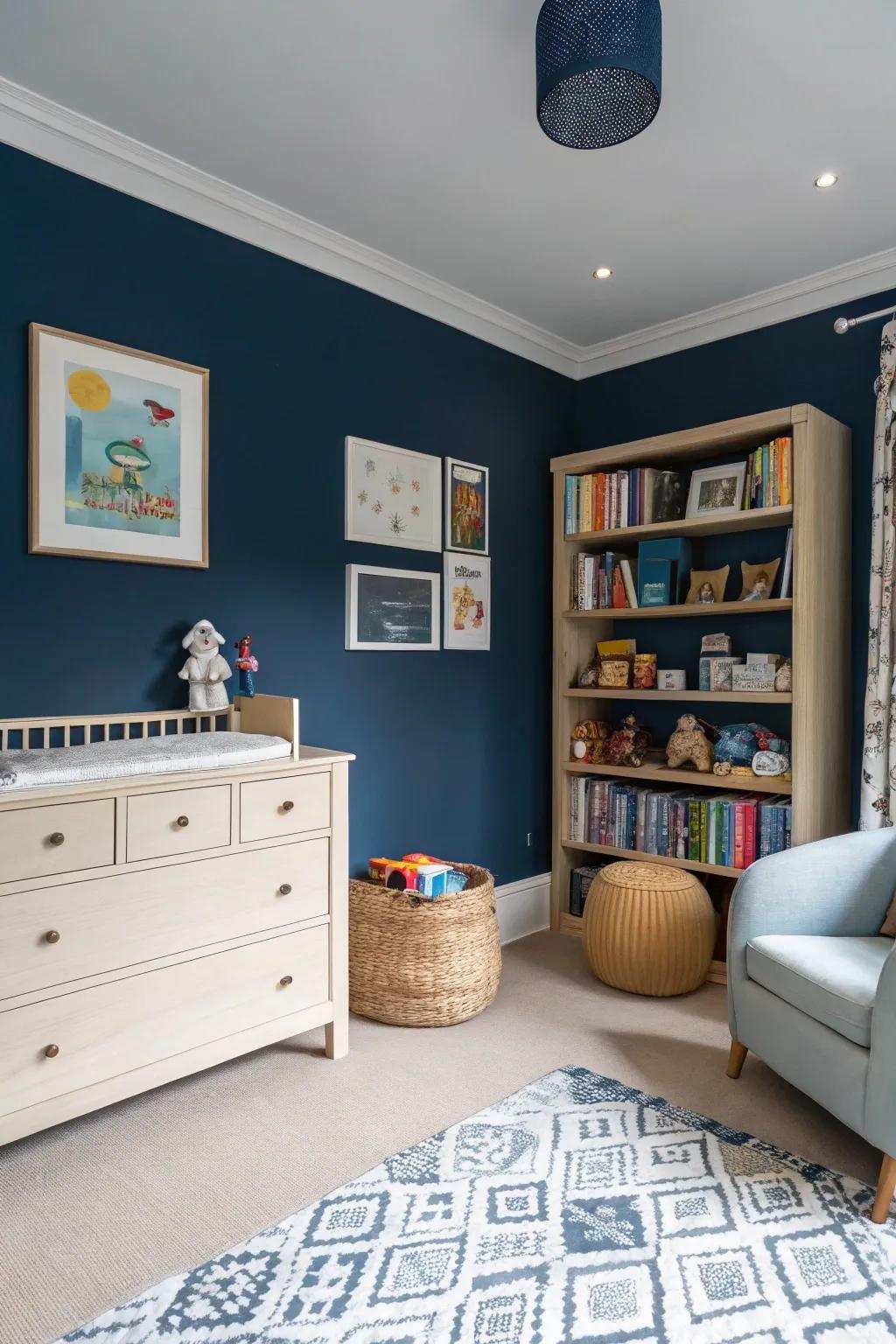 Deep blue walls combined with light furniture create a timeless contrast.