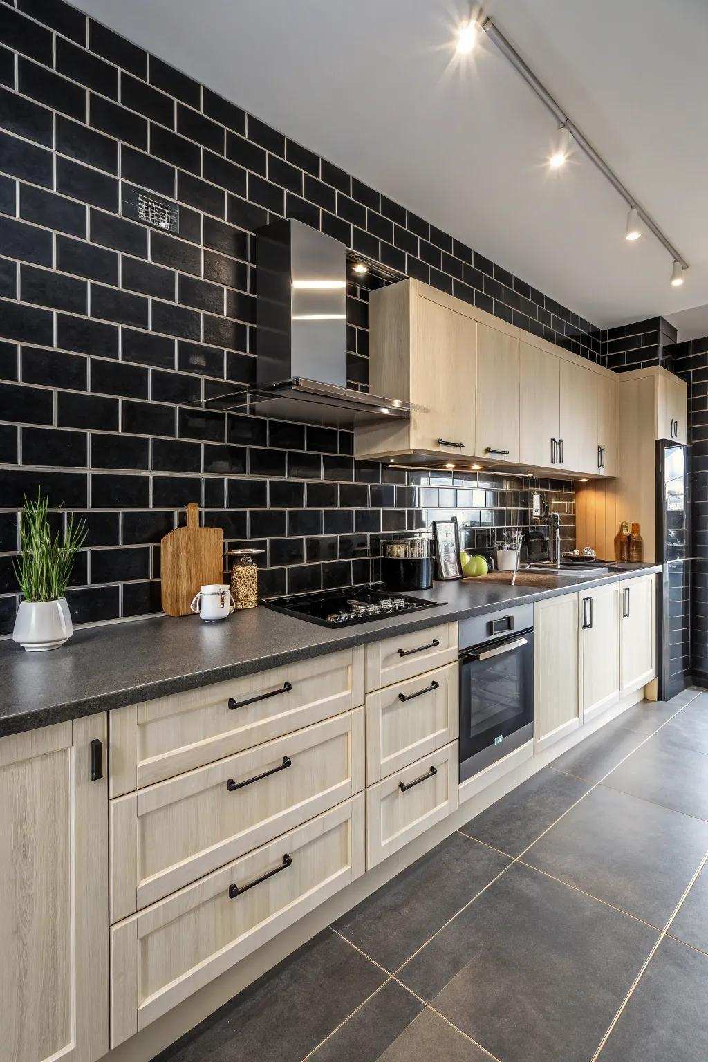 Deep-toned tiles harmonize exquisitely with light-hued cupboards in this kitchen.