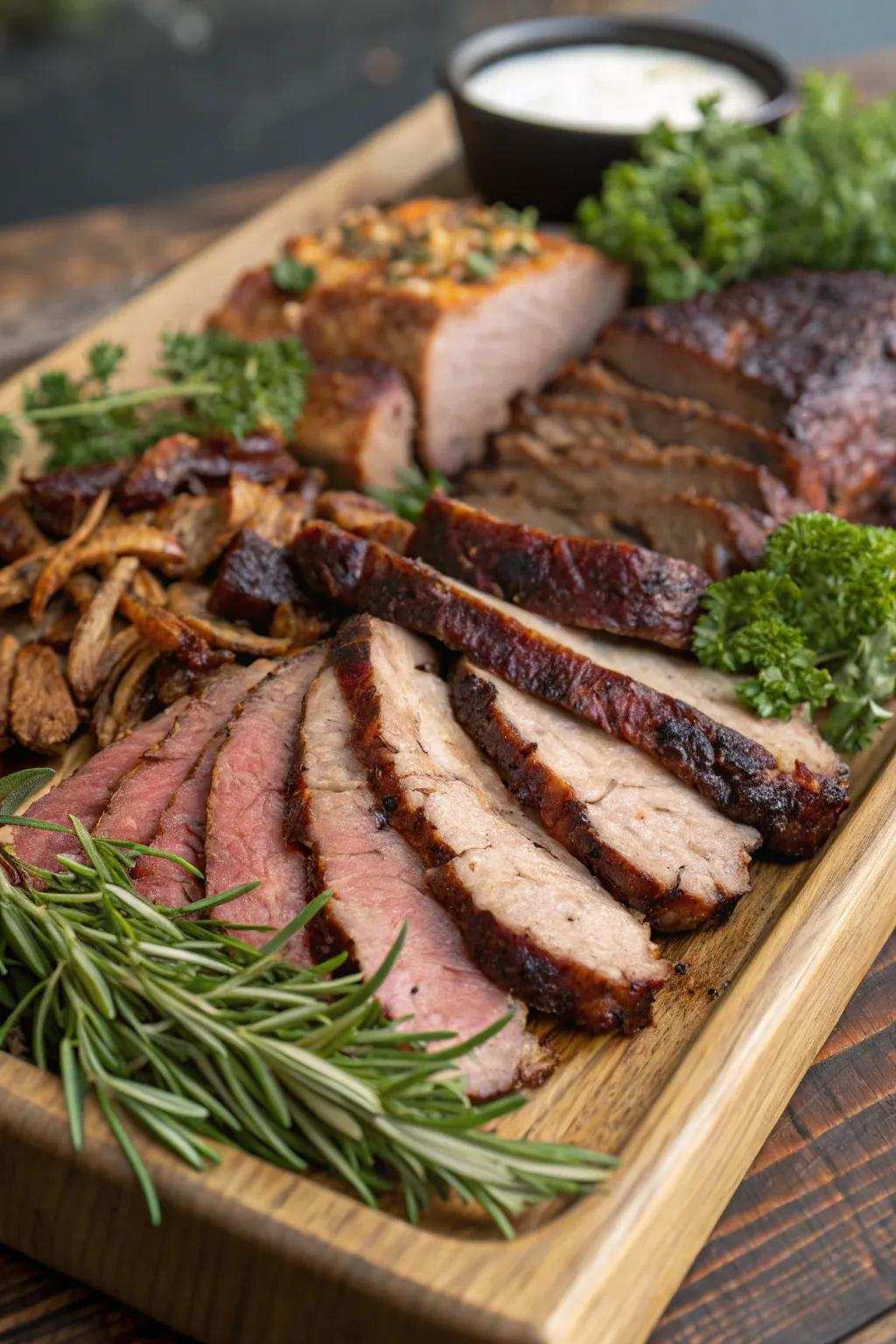 Delectable smoked meats form the core of this BBQ platter