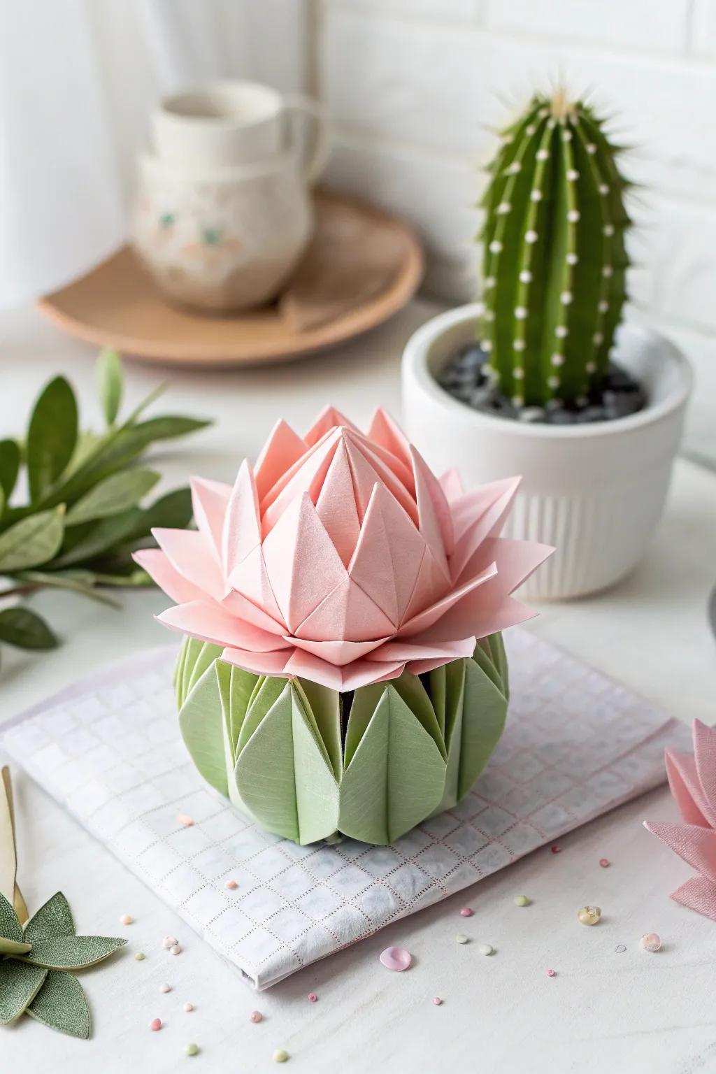 Delicate meets daring: Explore the art of paper-crafting with a playful cactus flower twist.