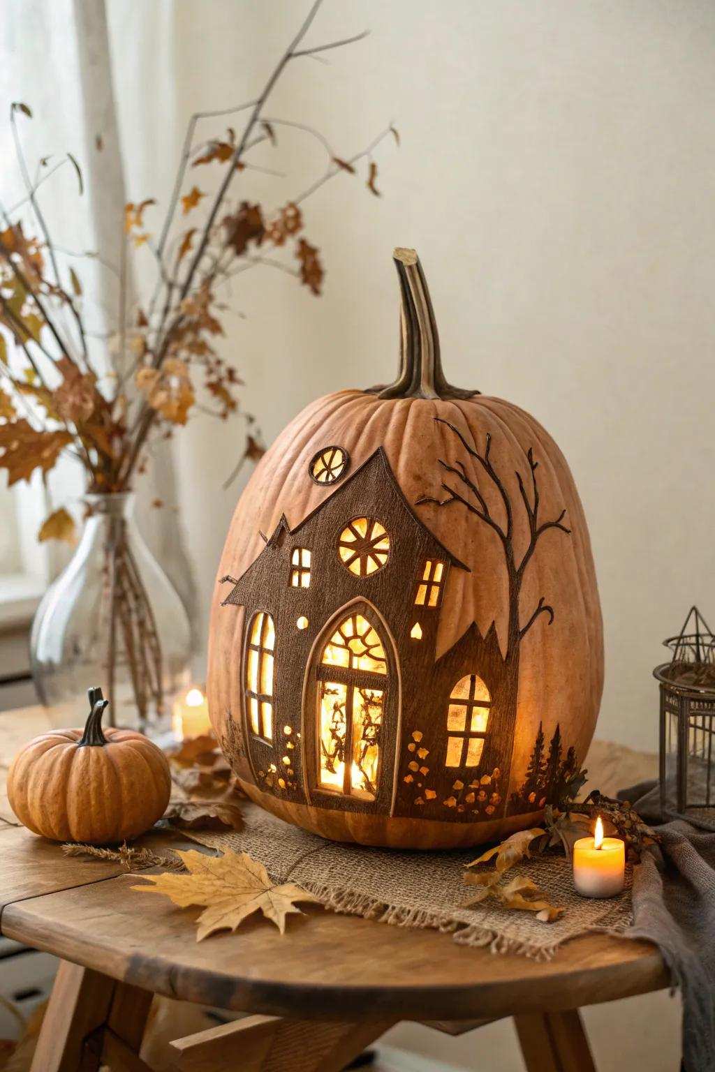 Delight in the Halloween spirit with a hauntingly gorgeous pumpkin house—where simplicity meets spooky craftsmanship.