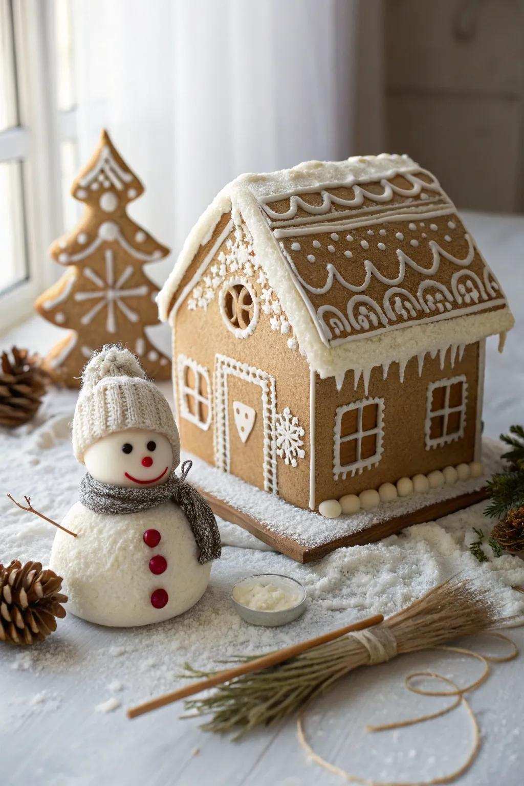 Delight in the simple beauty of a gingerbread house, adorned with a whimsical sweetened fluff statue, ideal for a snug winter's day.