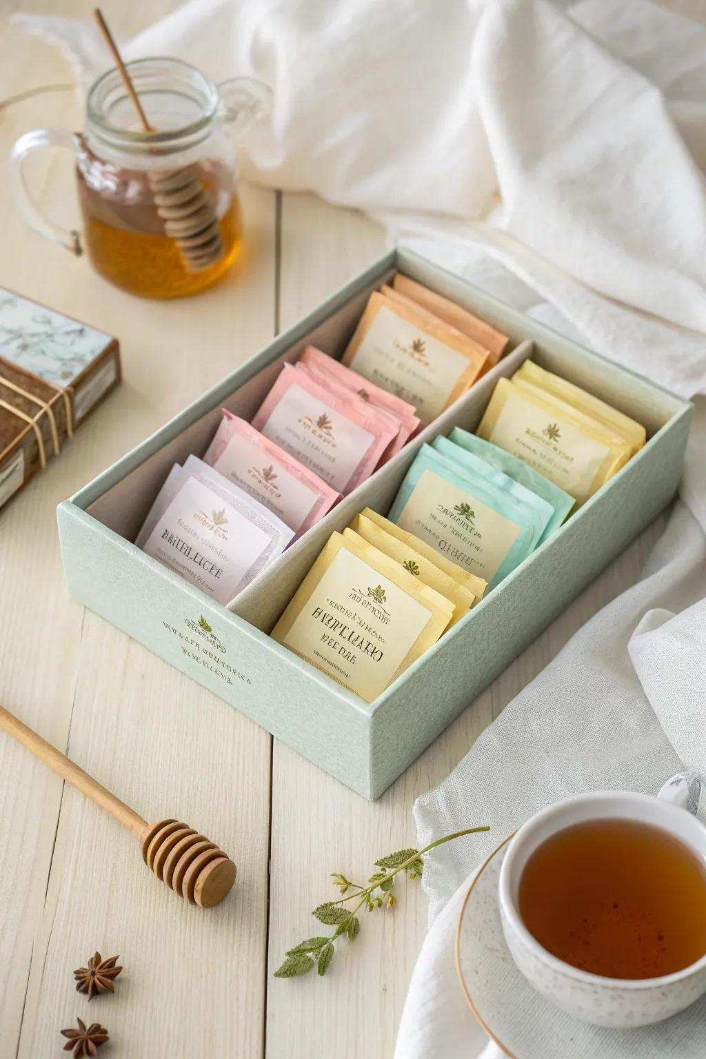 Delight in the simple pleasures of a tea selection with honey sticks—perfect for a mom who appreciates the art of tea.