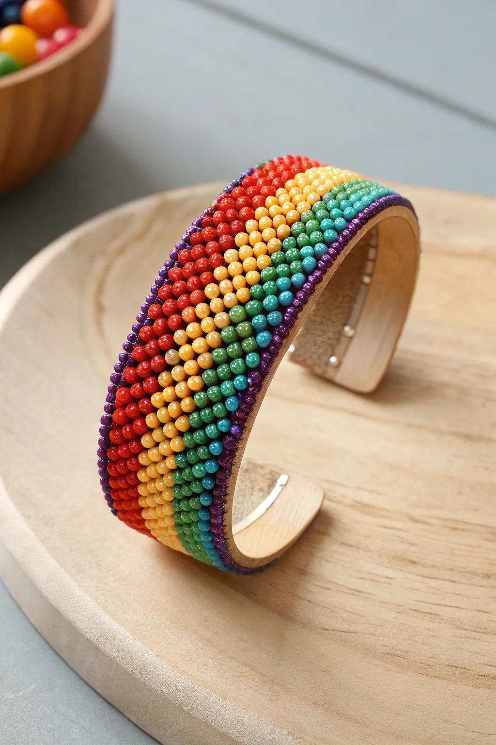 Delight in the vibrant appeal of a cuff of rainbow brightness – where artistry embraces color in simple elegance.