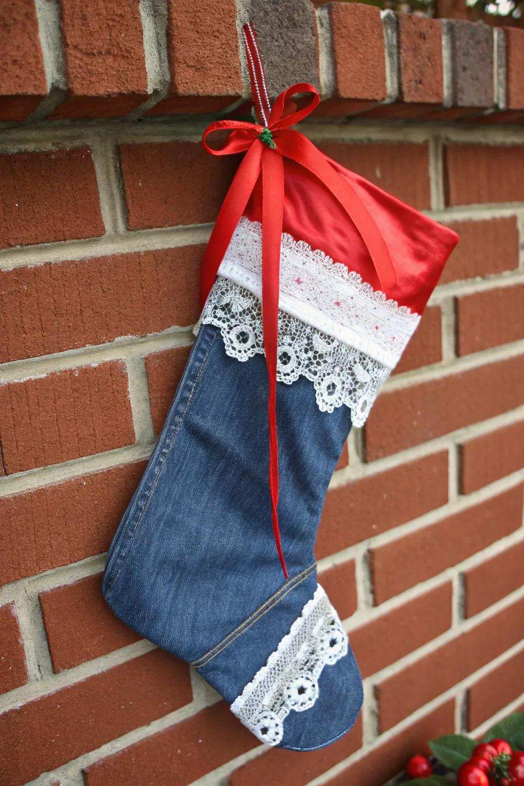 Denim stockings deliver a chic, modern aesthetic.