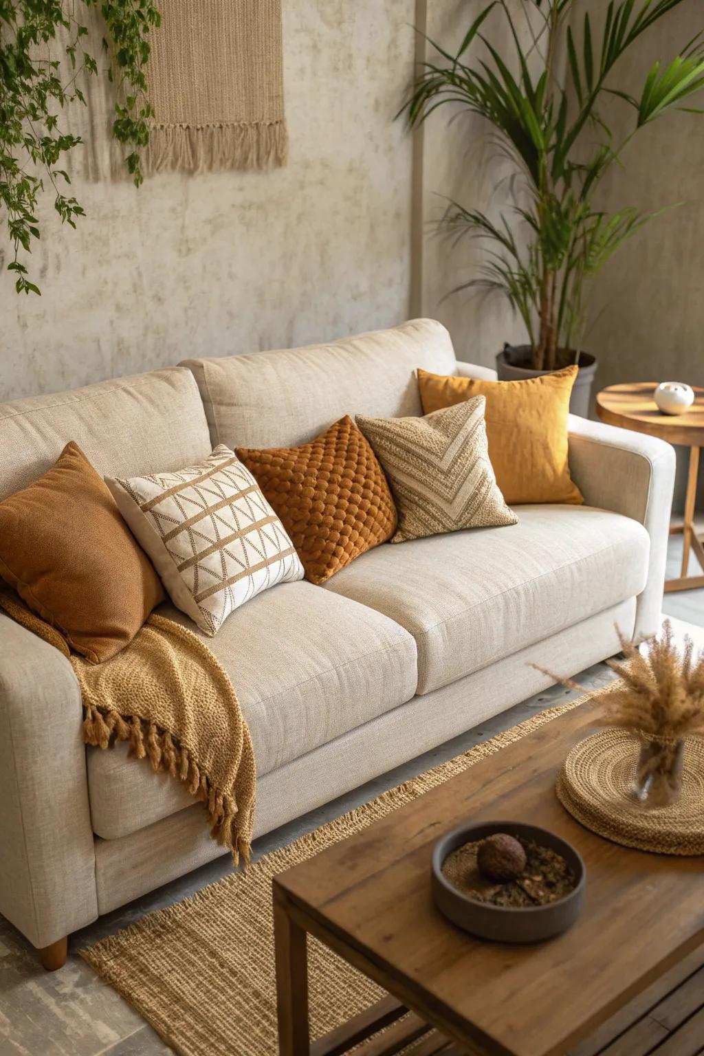 Design a calm living space with neutral bases and earthy touches.