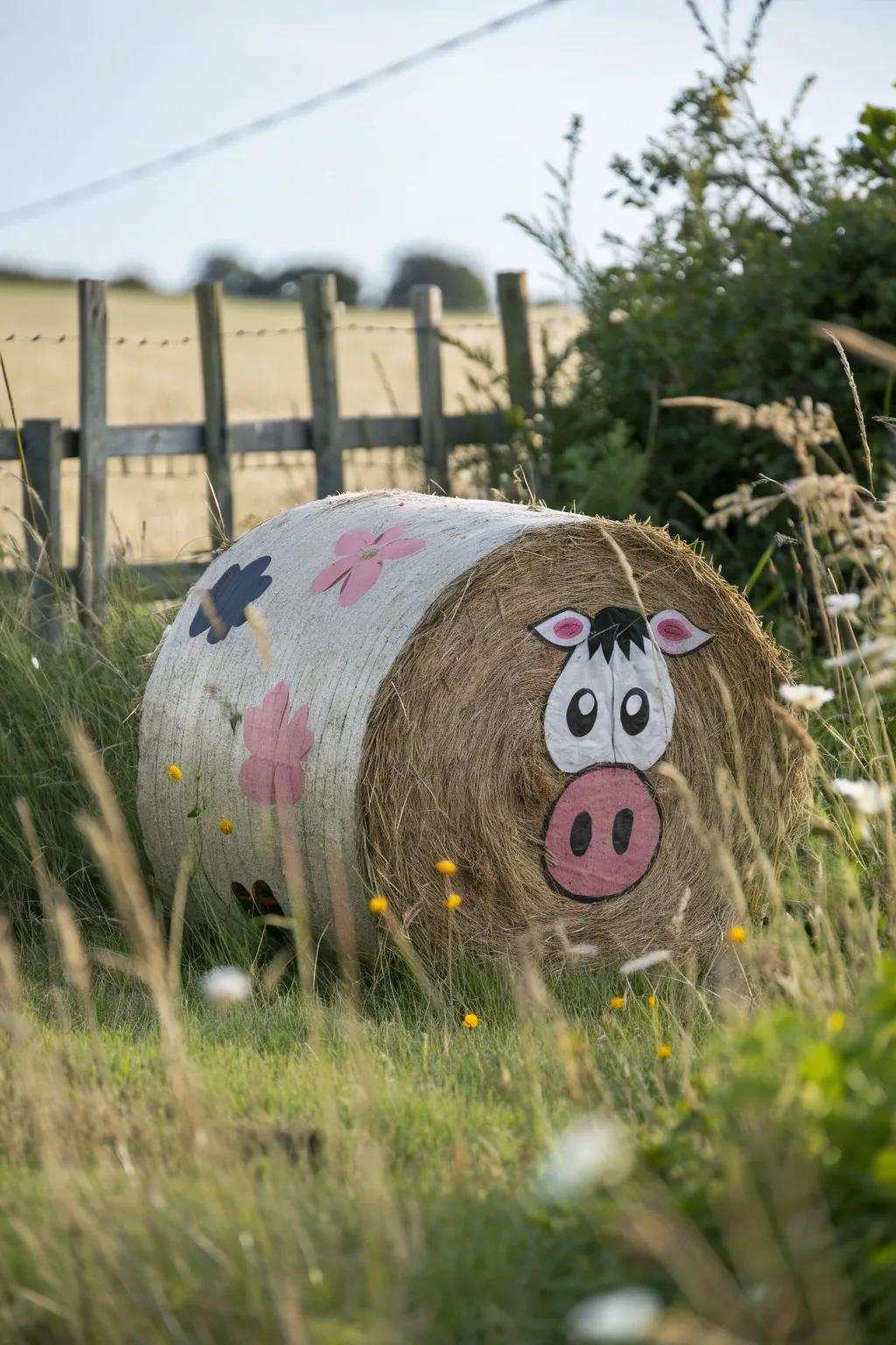 Design a whimsical farm area with hay bales painted as lovable animals, captivating visitors of all ages.