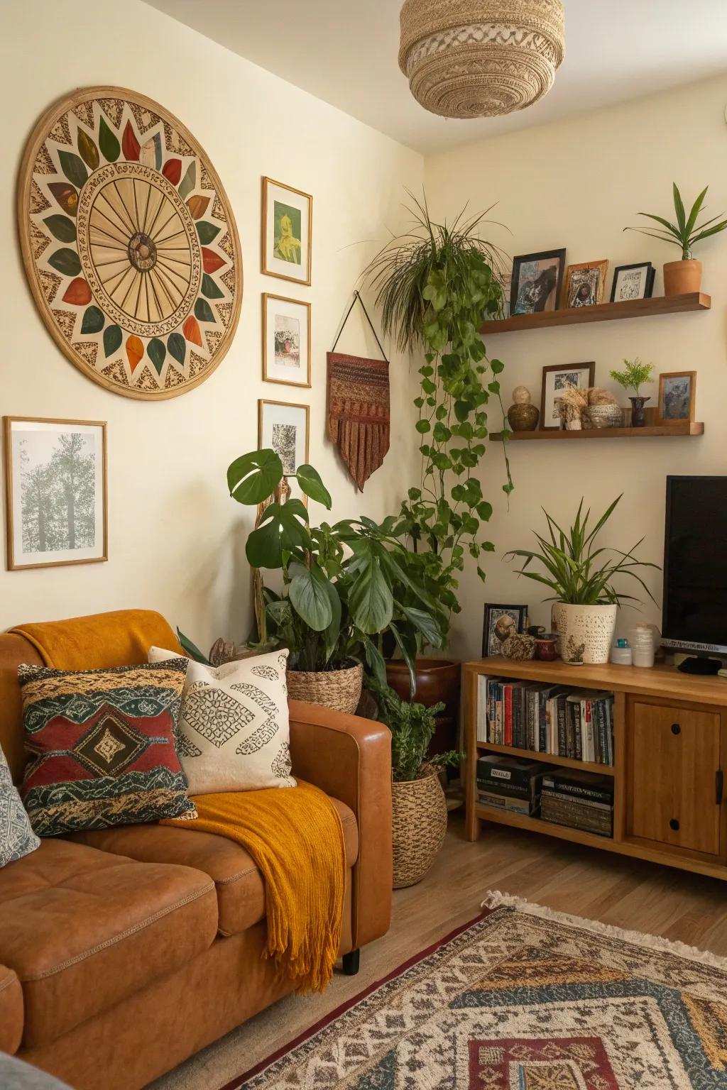 Design elements like art and plants add character to this living room.