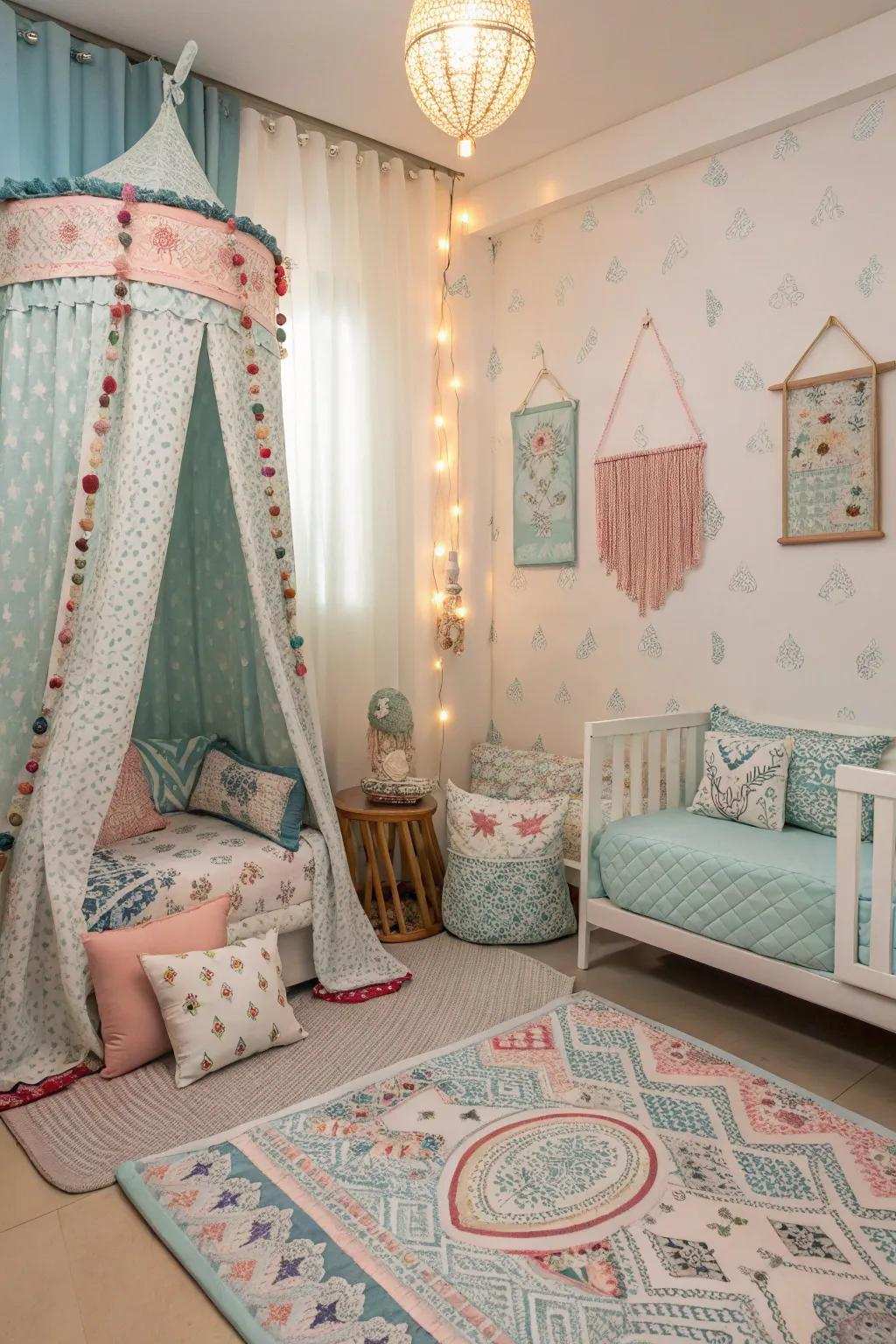 Designs bring visual interest to a serene azure bedroom.