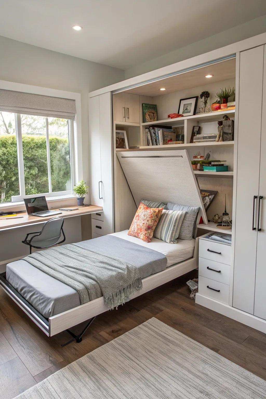 Desk-sized foldaway bed offering dual functionality