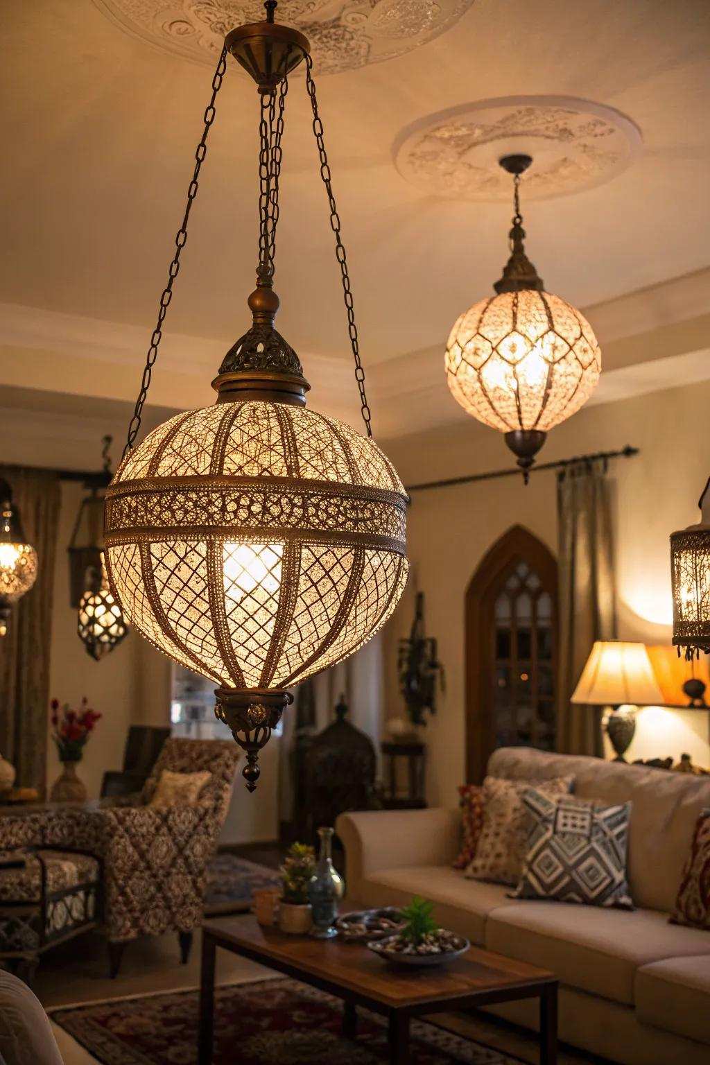Detailed illumination fixtures enhance the charm of this European-style living space.