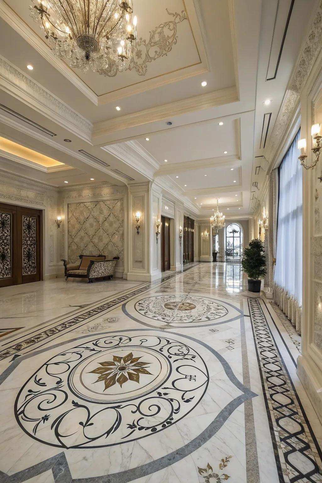 Detailed mineral flooring in a grand entryway, introducing sophistication and style.