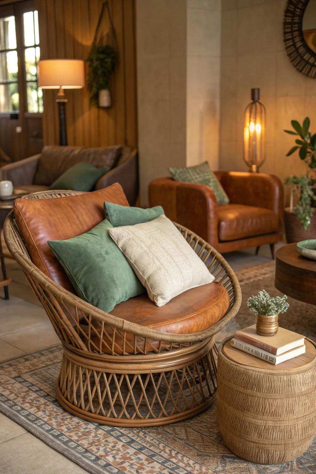 Develop a vibrant space by mixing materials with earthy tones.