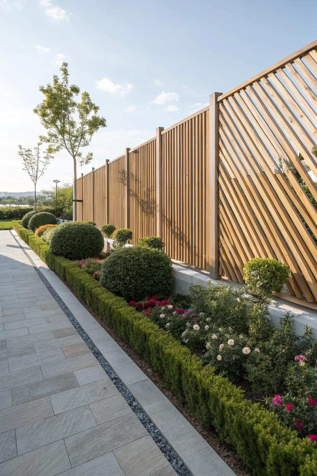 Diagonal slats append a modern inflection to fence designs.