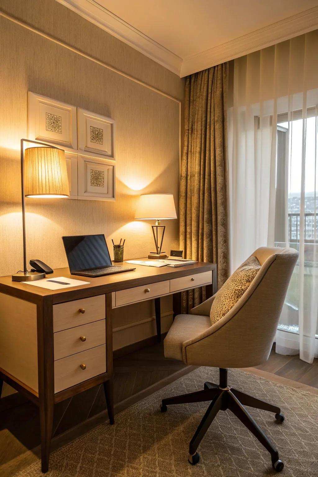 Dim lighting establishes a comforting and welcoming work setting.