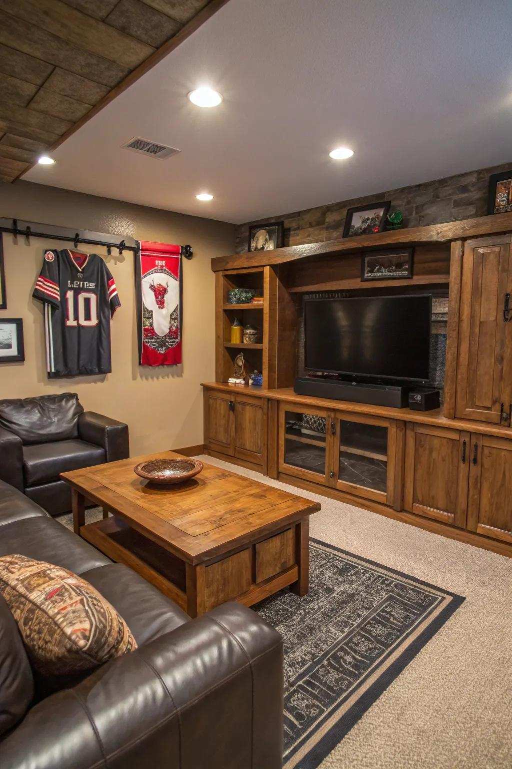 Discreet storage methods maintain a clutter-free man cave.