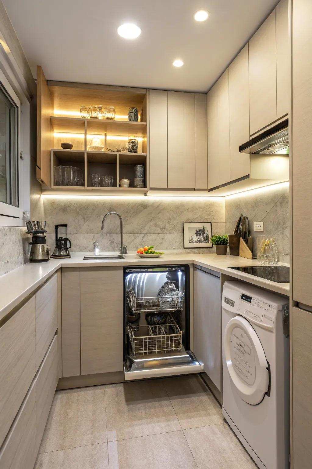 Dishwashing machine easily concealed behind matching cooking area cabinets.