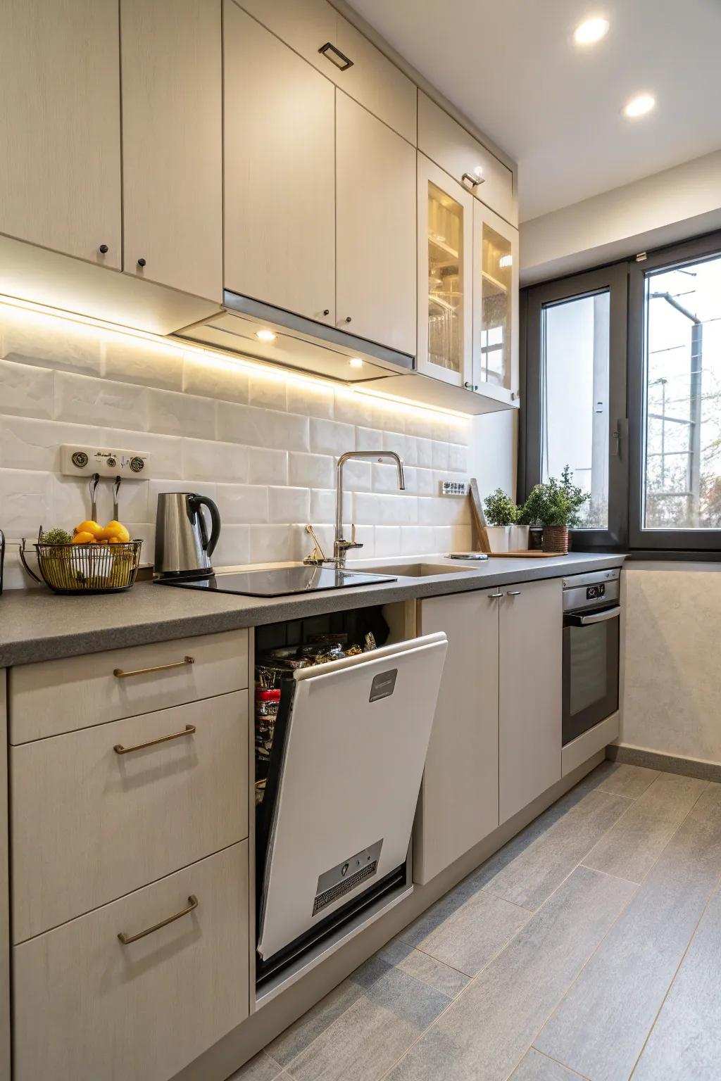 Dishwashing machine easily integrated under the counter in a tiny kitchen area.