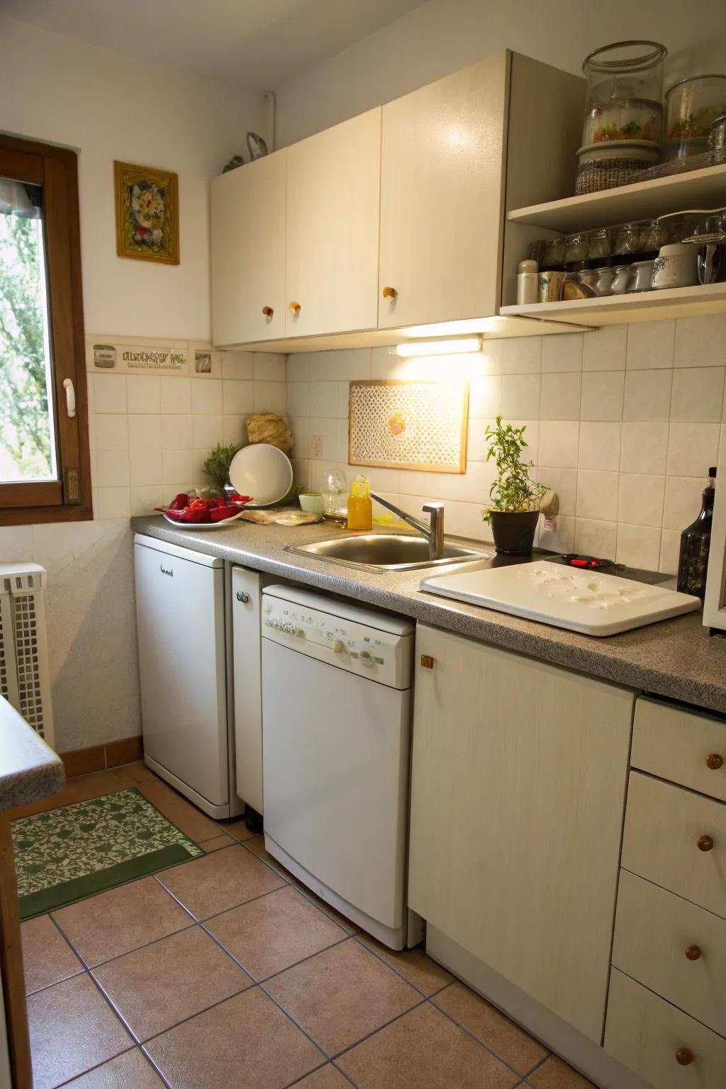 Dishwashing machine positioned at the counter's end for a smooth cooking area flow.