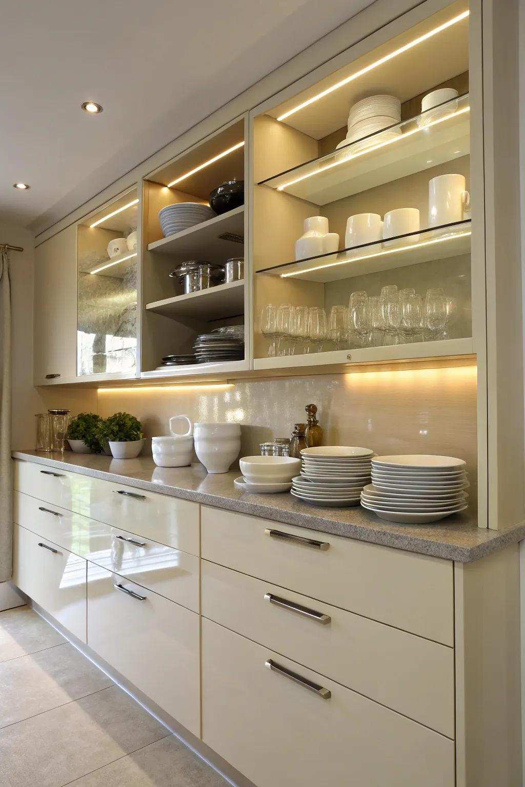 Display shelving adding practical and decorative elements to a cream gloss kitchen.