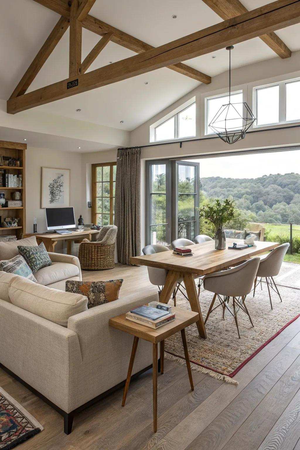 Distinct furniture areas create a multi-functional space in this open-plan living room.
