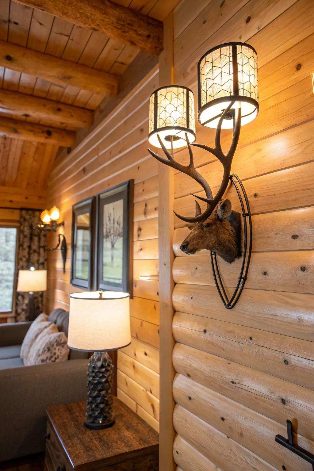 Distinct lighting fittings introducing elegance to the rustic cabin.