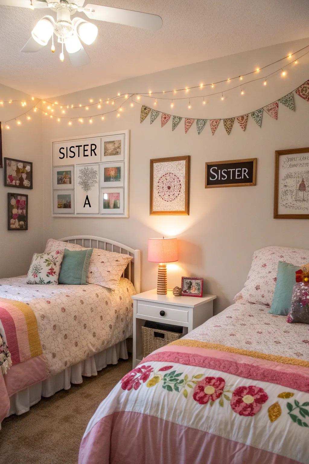 Distinct personalized accents for each sister within a shared living space.