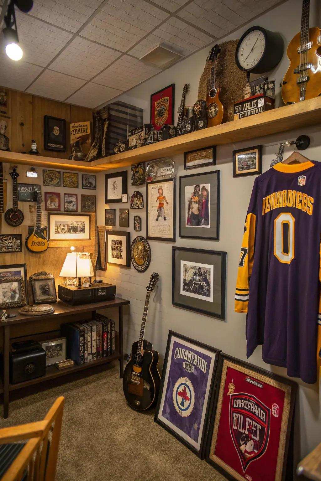 Distinct wall decor enhances individuality to this man cave.