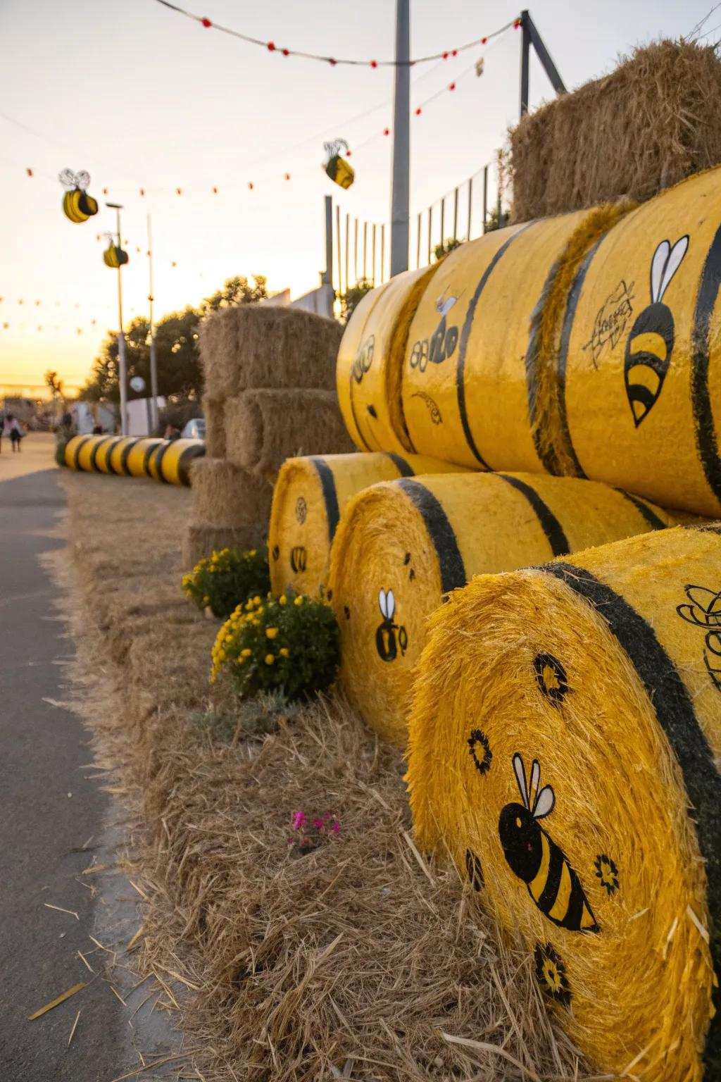 Dive into inventive decor by transforming hay bales into charming beehives, creating a delightful outdoor showcase.