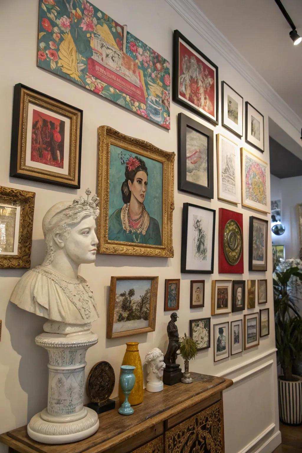 Diverse picture wall featuring various artistic styles.