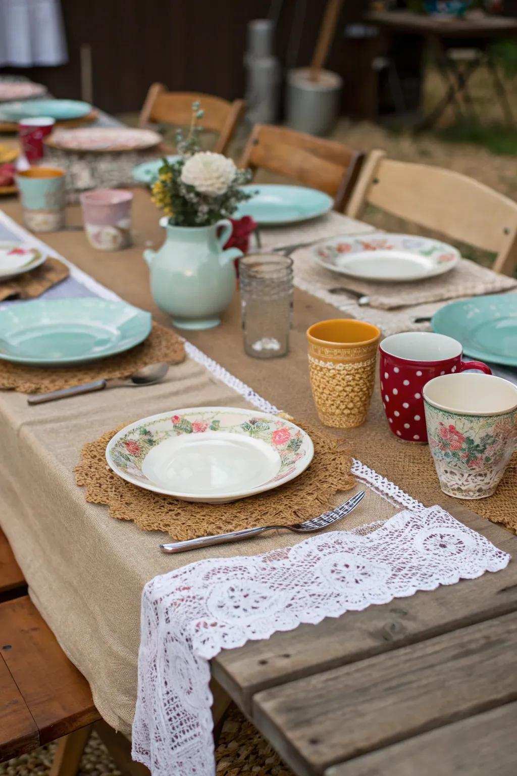 Diverse tablescapes fashion an enchanting boho atmosphere.