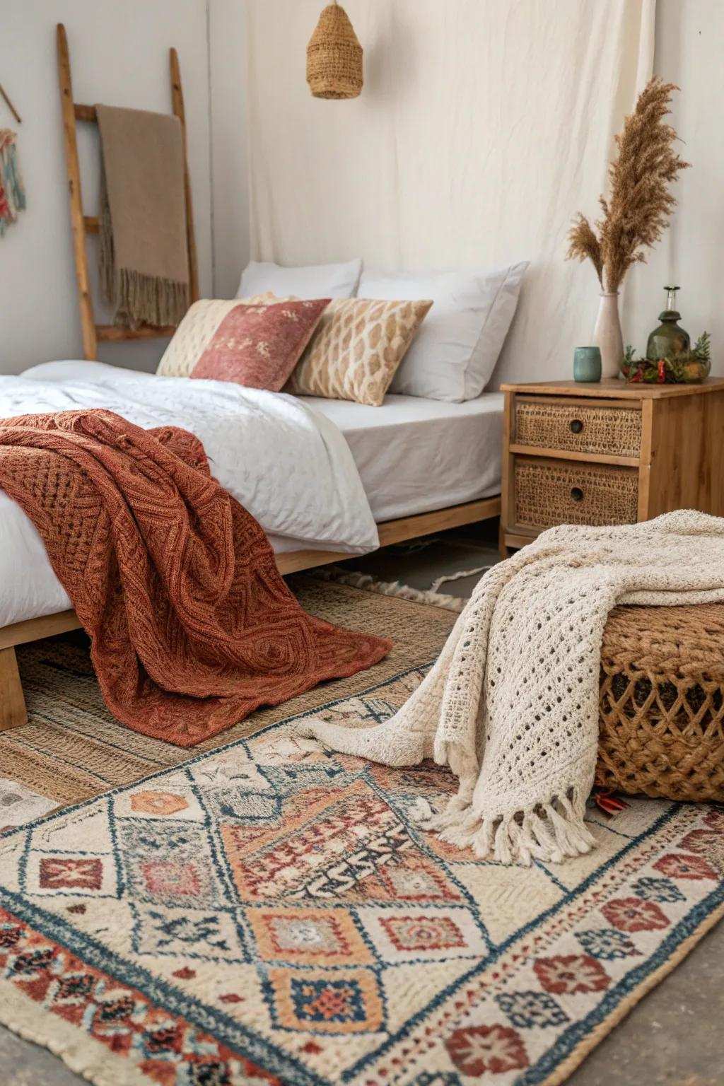 Diverse textiles bring warmth and substantiality to small bedroom spaces.