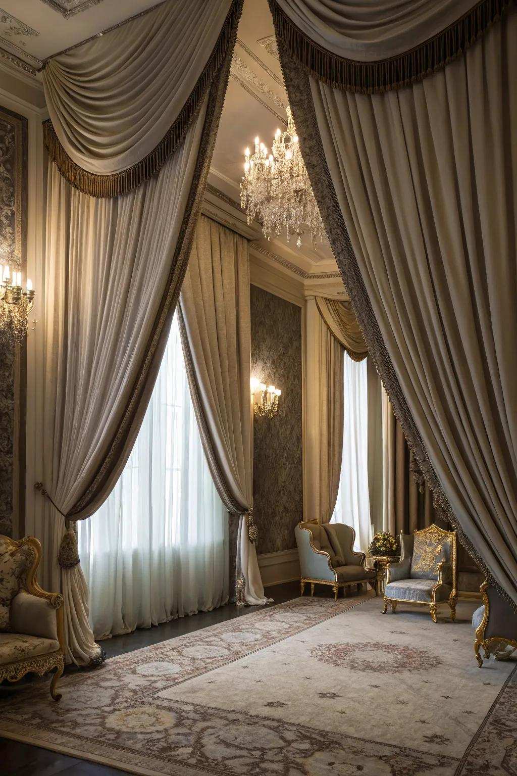 Dramatic curtains add luxury and impact to the room.