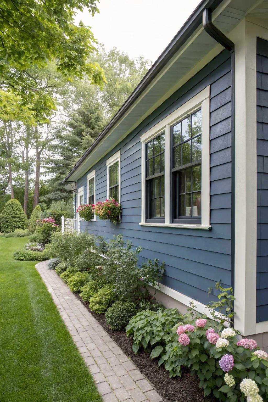 Dramatic deep sea trims forge a daring contrast with dove gray siding.