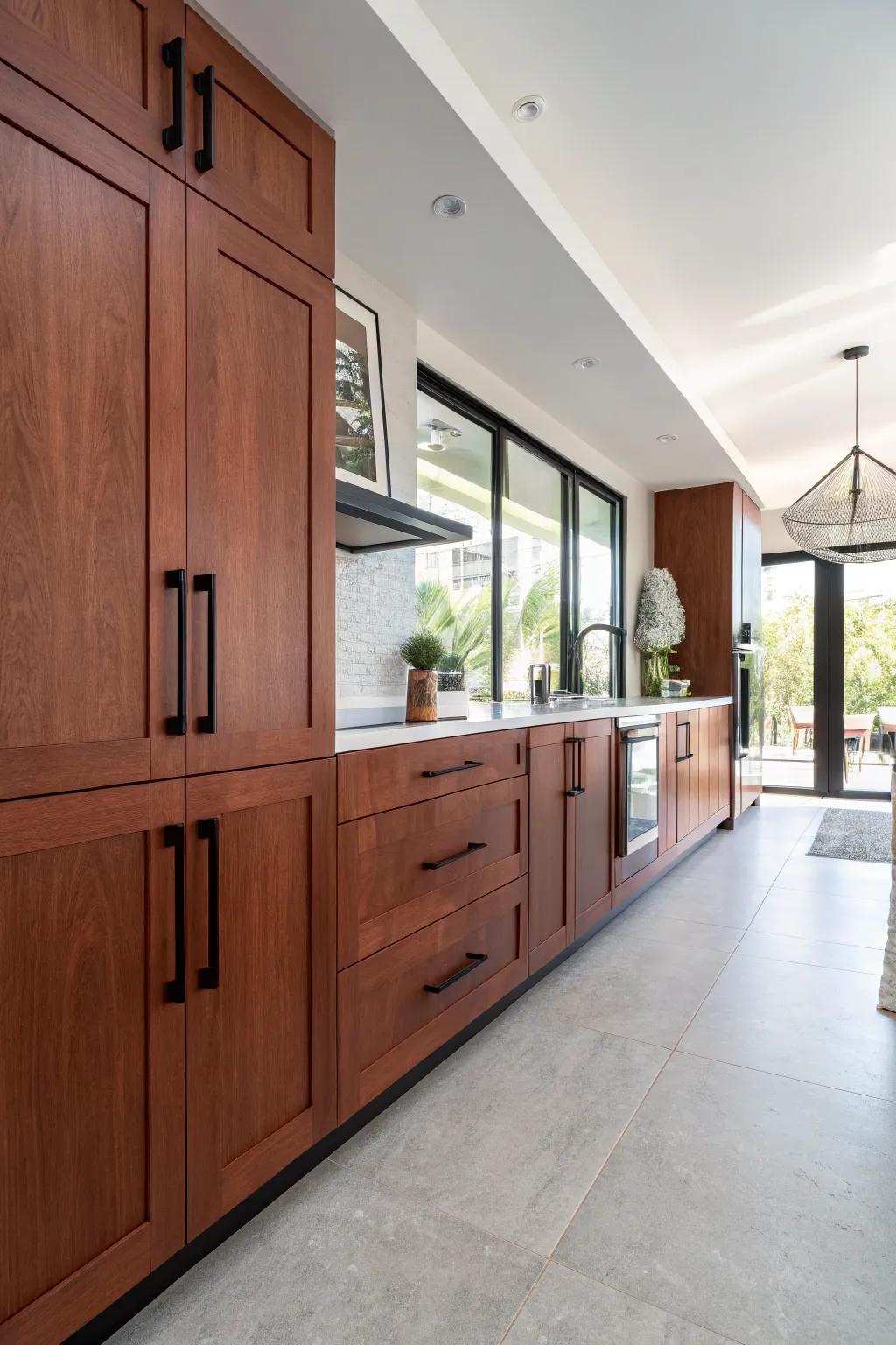 Dramatic onyx hues handles infuse a modern dimension onto cherry cabinetry.