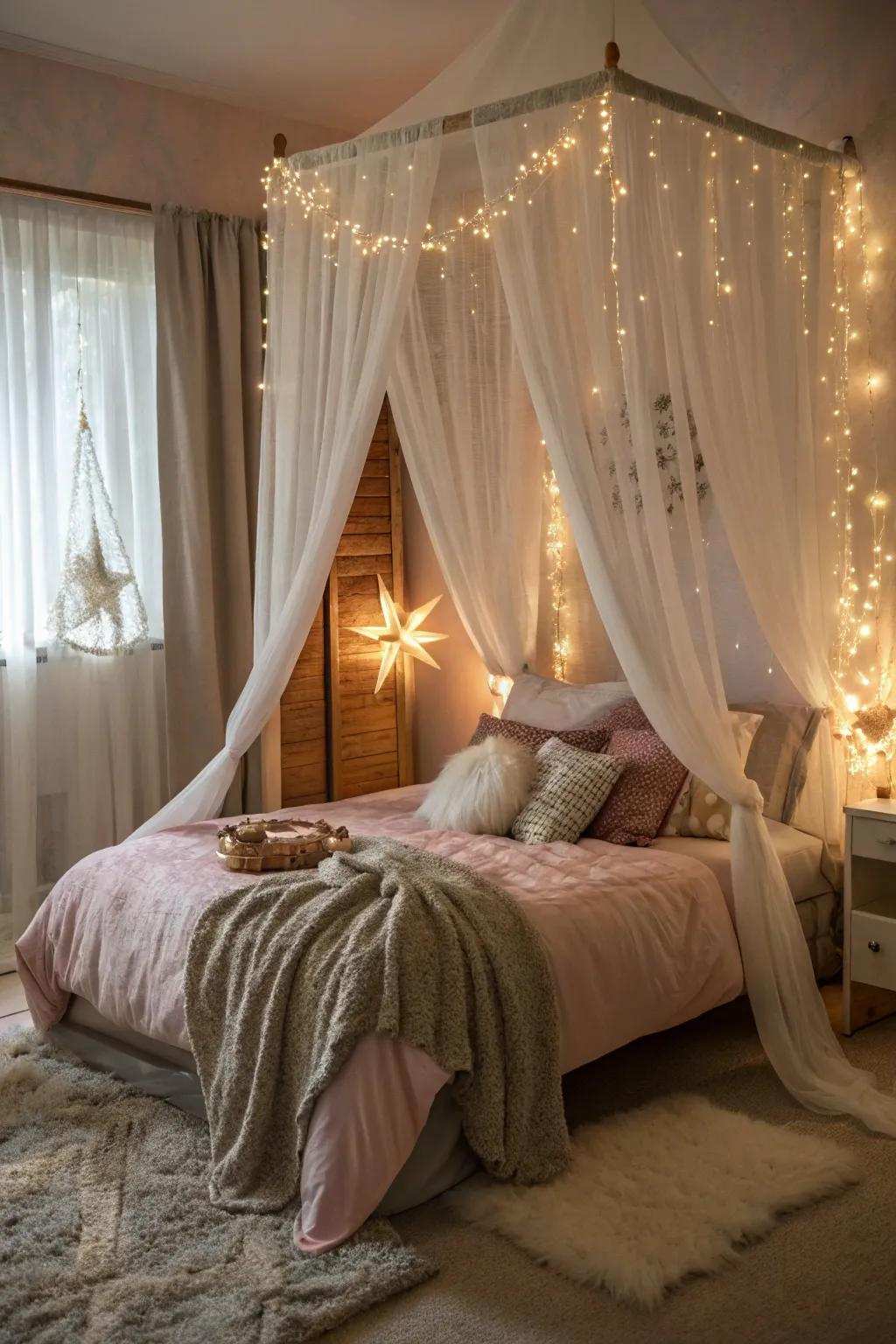 Draped beds infuse magic and privacy into the room.