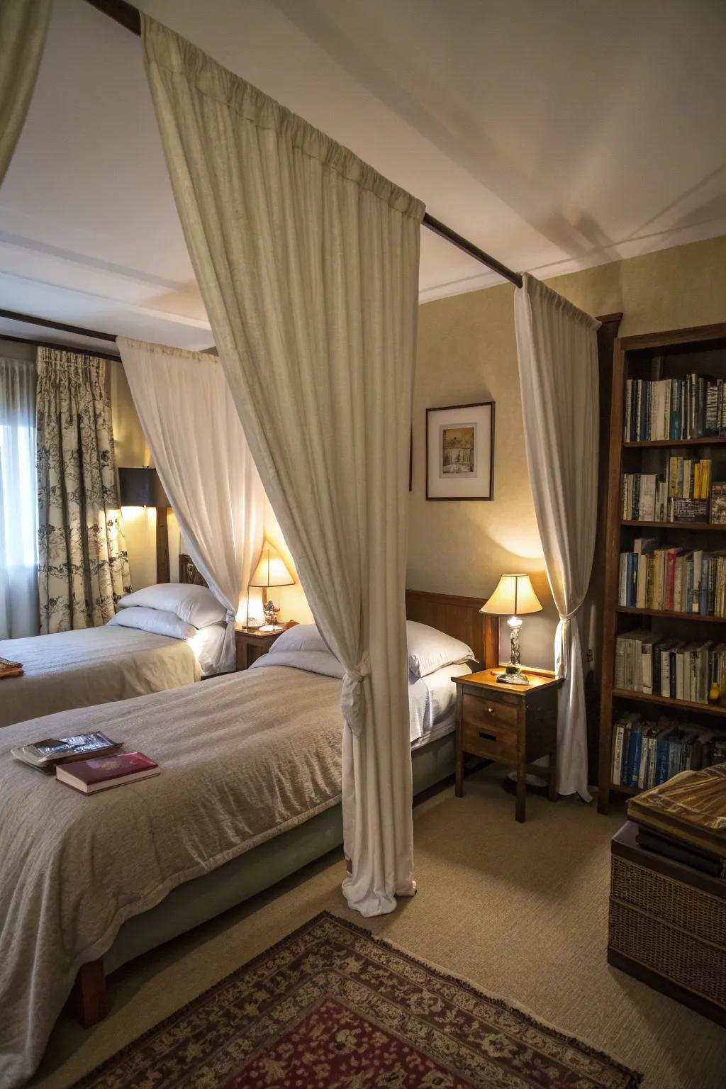 Drapes ensure privacy while preserving a shared space.