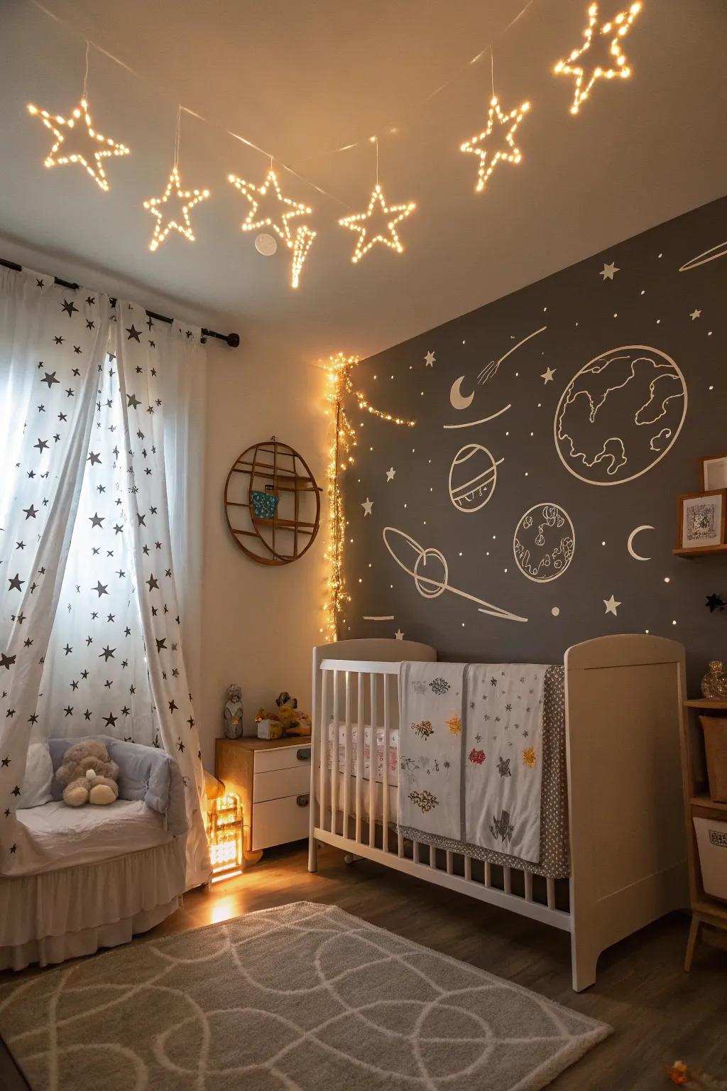 Dream amidst the stars within a stellar-themed nursery.