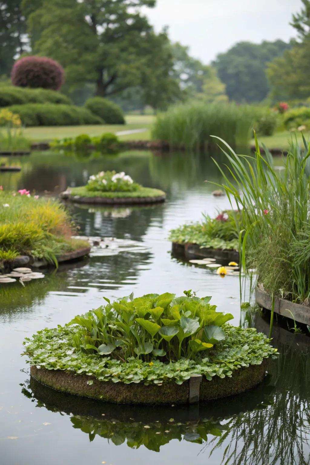 Drifting greenery platforms enhance the charm of a mini pond.