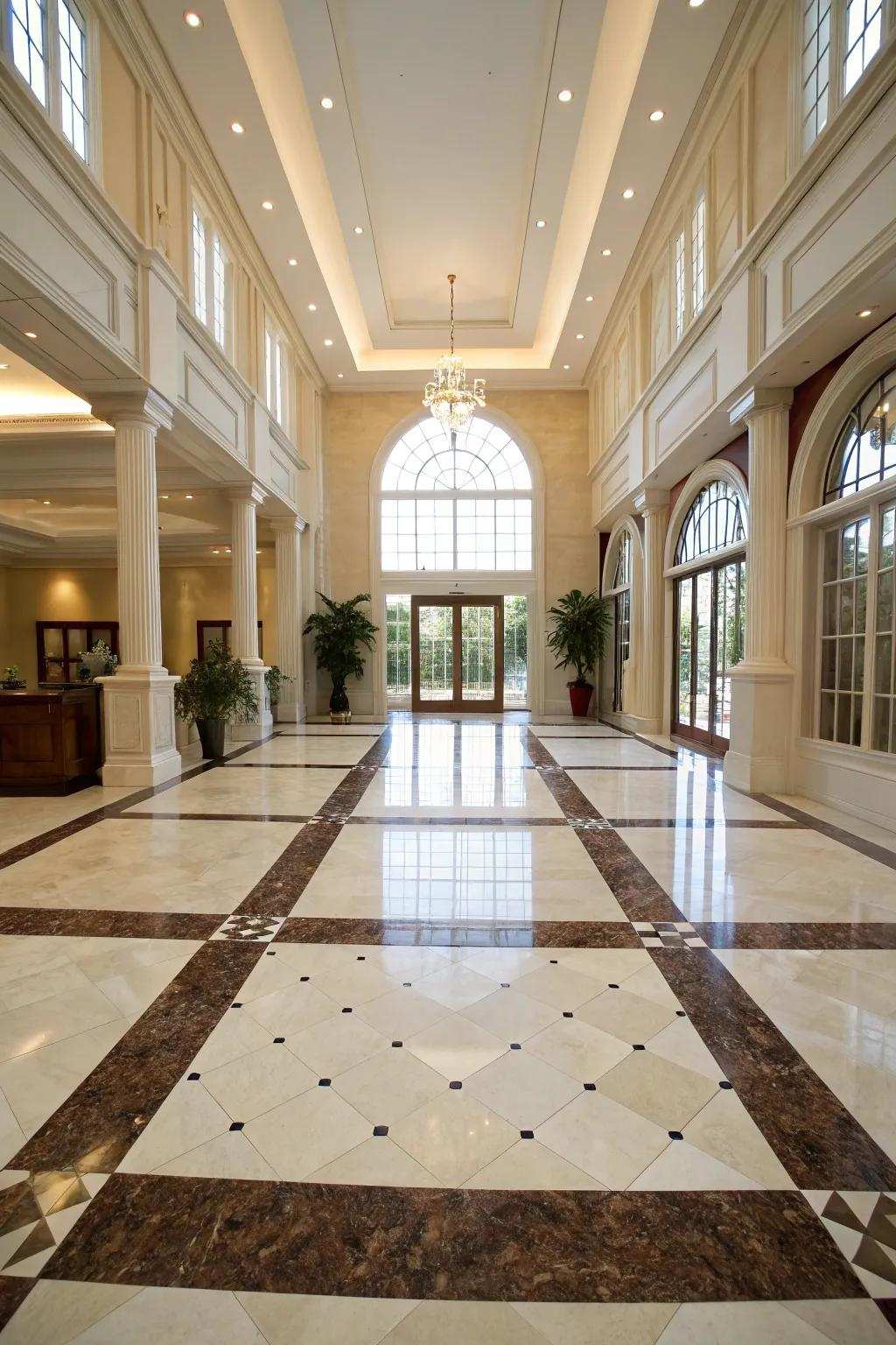 Dual-tone tiles craft a dynamic and stylish floor in a grand entryway.