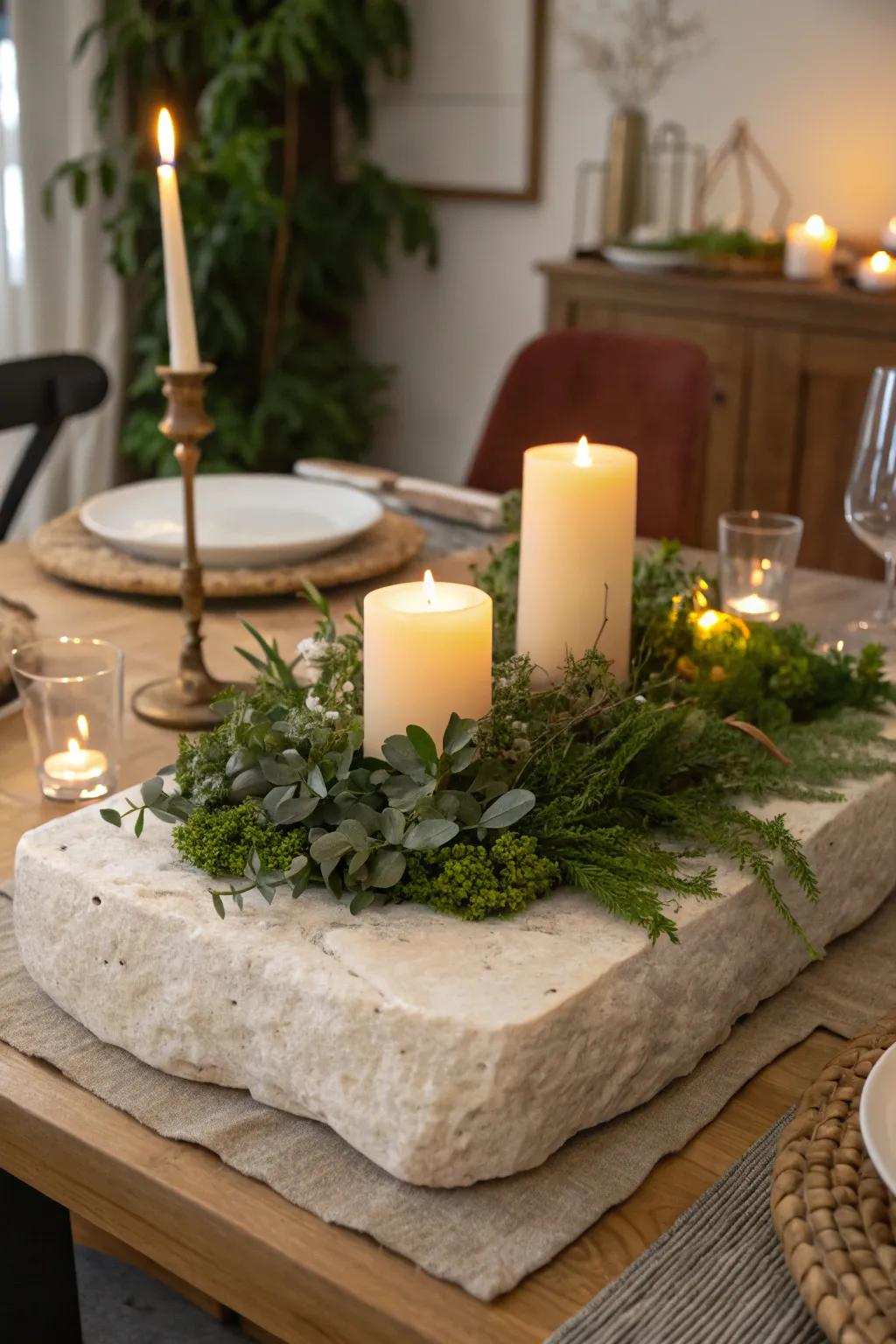 Earthy elegance using a natural rock centerpiece base.