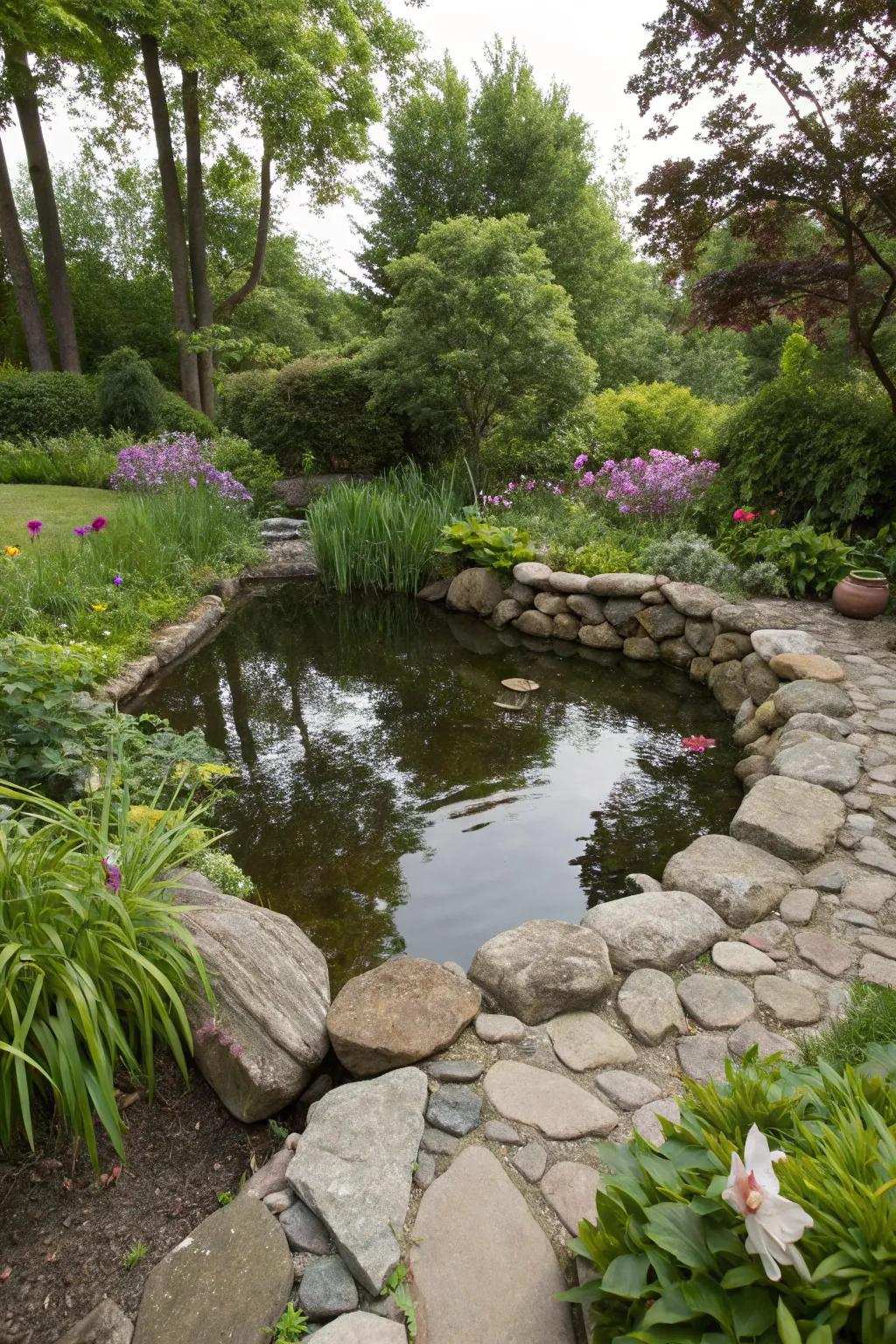 Earthy stones bring an unrefined charm to a miniature pond.